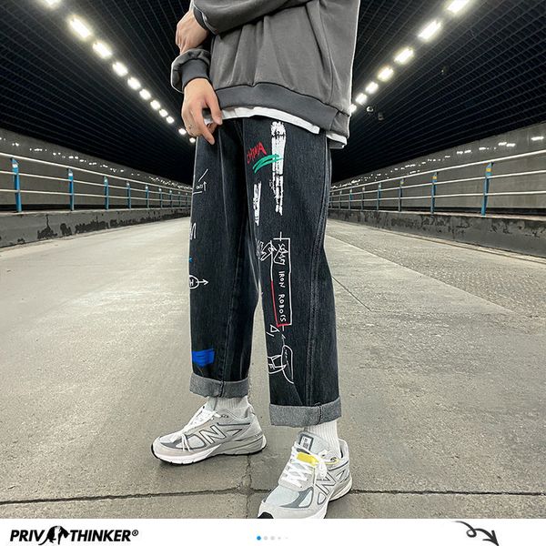 

privathinker man straight graffiti casual jeans mans 2020 new korean collage hip hop jeans streetwear couple loose denim bottoms q0105, Black;white