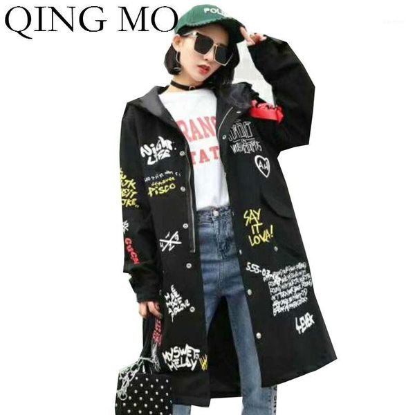 

qing mo letter graffiti women cardigan coat 2020 women hooded coat female casual loose outerwear black zqy36341, Tan;black