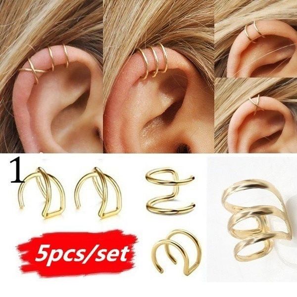 

fashion 5pcs/set no pierced ear clip cuff wrap earring leaf pendant non-piercing clip earrings for women party statement jllbei, Black