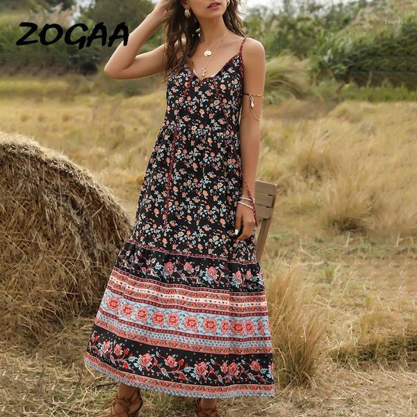 

zogaa 2020 women dress new style boho print loose v-neck stitching large swing strap dress vestido de mujer women dresses summer1, Black;gray