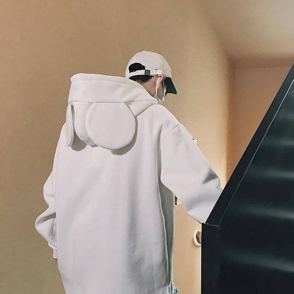 

japanese funny ear hoodie autumn winter japan hoodies casual loose harajuku sweatshirts streetwear high street solid hoodie male, Black