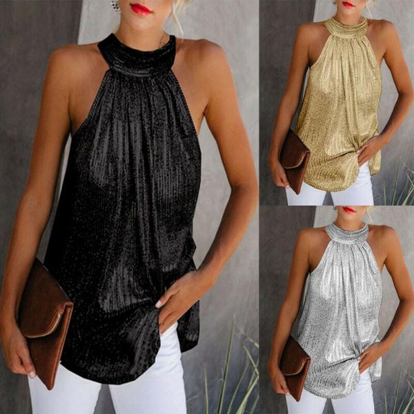 

women's tanks & camis women summer sleeveless halter ops fashion high neck tank vest gold casual loose blouse shirt tee, White