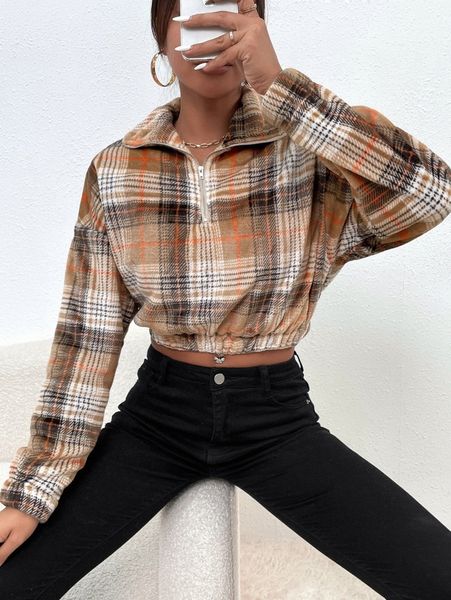 

half zip plaid graphic drop shoulder crop teddy sweatshirt h4pf#, White;black