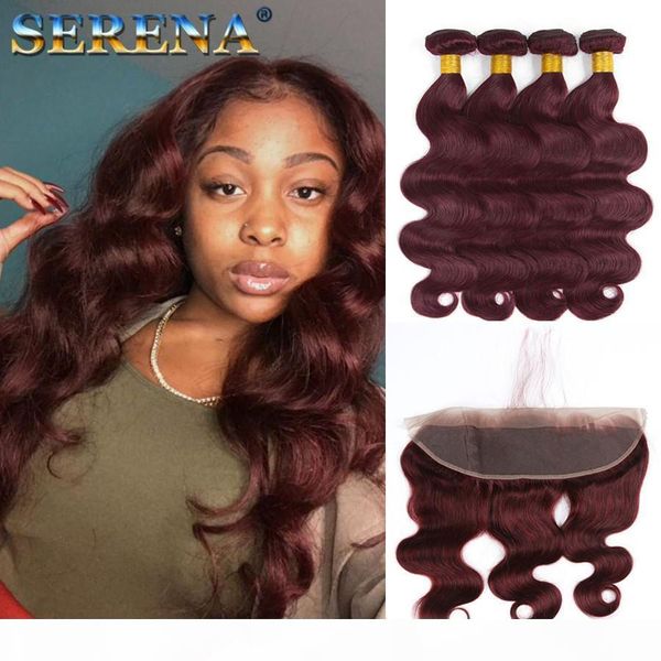 

beauty color #99j wine red hair weaves with 13x4 lace frontal 5pcs lot 7a burgundy body wave human hair bundles with frontal, Black;brown