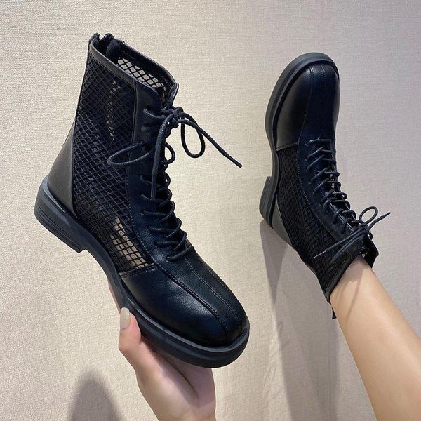 

boots autumn women shoes woman black leather boots female breathable mesh ankle lace up square low heels motorcycle