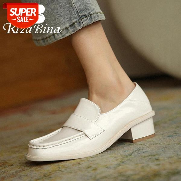 

rizabina new fashion women real leather pumps thick heel slip on square toe shallow shoes school style footwear size 34-39 #hj48