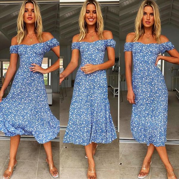 

floral print women dress fashion off shoulder short sleeve maxi party dresses 2020 summer bodycon beach long dress vestidos, Black;gray