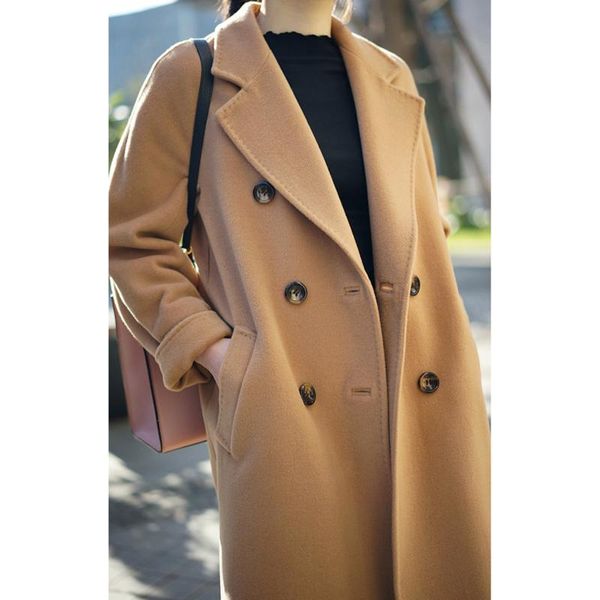

2021 korea women autumn winter double breasted long wool coat ladies long sleeve turn-down collar overcoat parka jacket vintage, Black