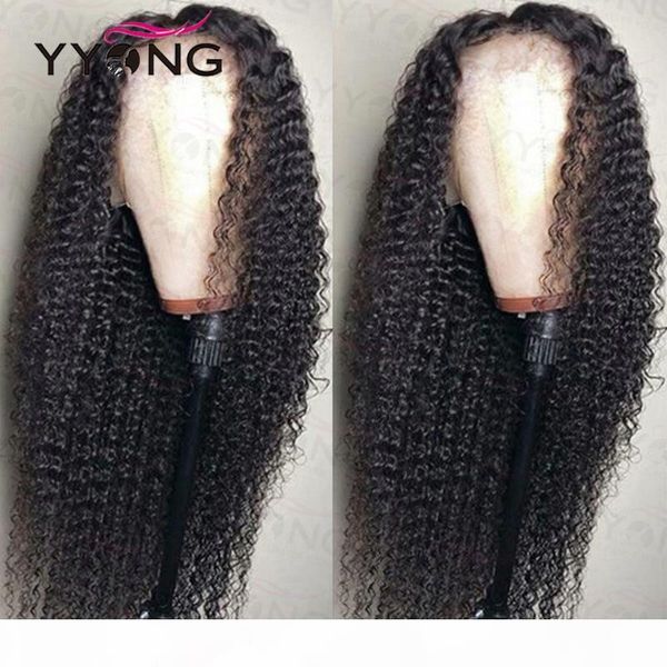 

yyong 1x4& 13x6 t part hd transparent lace front human hair wig remy peruvian kinky curly lace wigs deep part wigs 120% 32 inch, Black;brown