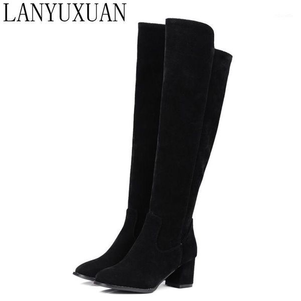 

boots winter 2021 women's solid over the knee square high heel fashion round toe elastic women shoes big size 34-48 5-81, Black