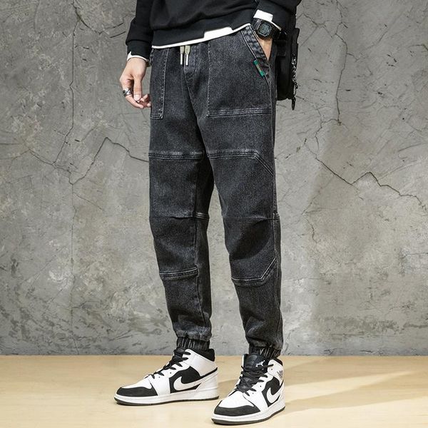 

fashion streetwear newly designer jeans men loose fit spliced cargo pants black gray wide leg harem trousers hip hop joggers, Blue