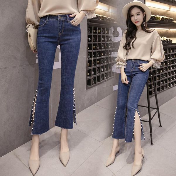 

autumn women fashion high street personality flare split jeans pants female elastic skinny beading denim pants ic giyim, Blue