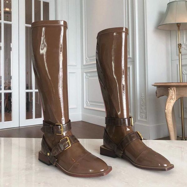 

boots knee high woman patent leather shoes botas mujer square toe ladies chunky heels ins buckle zapatos de, Black