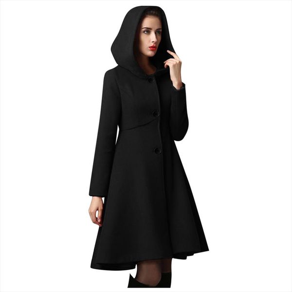 

winter elegant coat women fashion hooded cape plus size warm coat outwear cloak poncho shawl waist pocket female 1030, Black