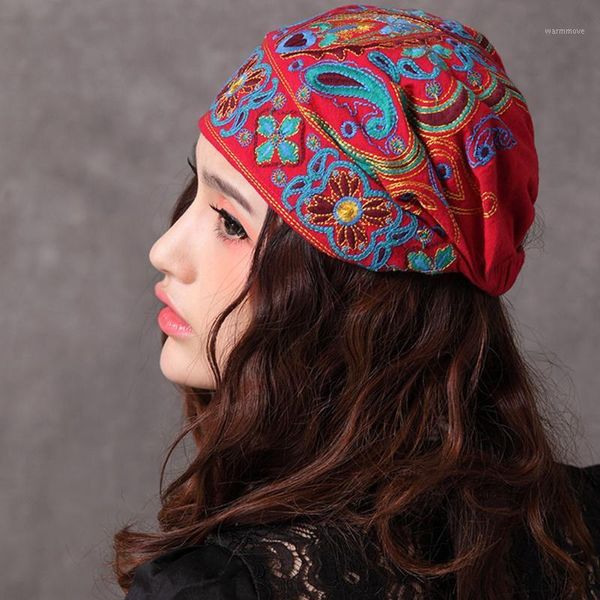

2020 Hat Women Mexican Style Ethnic Vintage Embroidery Flowers Bandanas Red Print Hat New Mexican Style Spring And Autumn1, Blue;gray