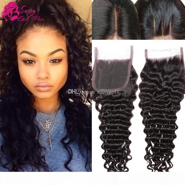 

indian deep wave virgin curly hair closure part three part middle part indian virgin remy hair lace closure 4*4 natural color, Black;brown