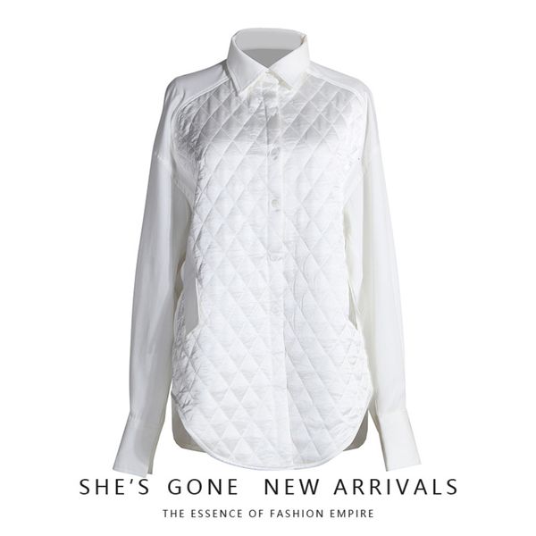

stitching diamond lattice down cotton long sleeve 2020 winter new women's korean loose personality fashion shirt, White