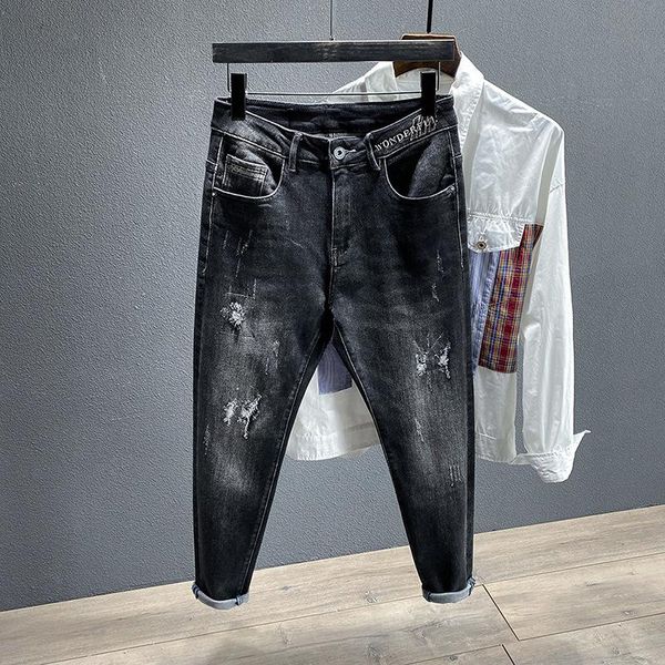 

men's jeans 2y autumn black perforated harem fashion brand korean scraping patch beggar's small leg pants, Blue