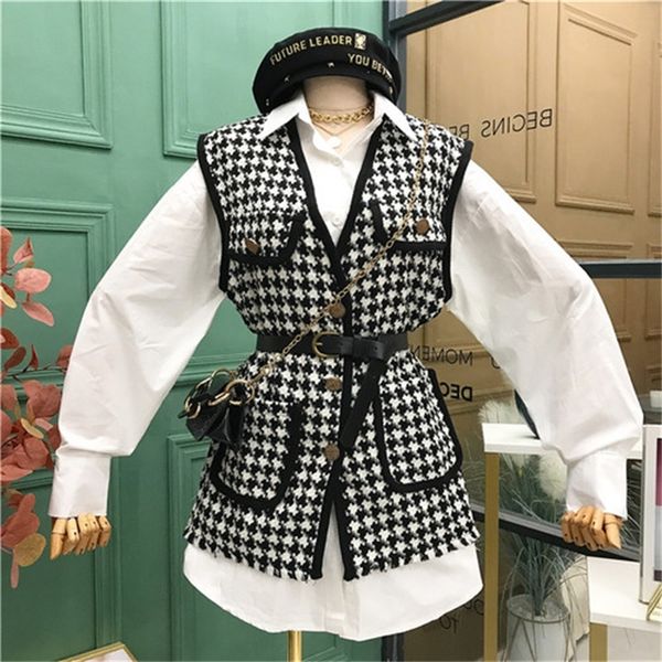 

2021 new new fall style waist hugging long sleeveless shirt graceful tweed vest two pieces together woman uzf8, Gray