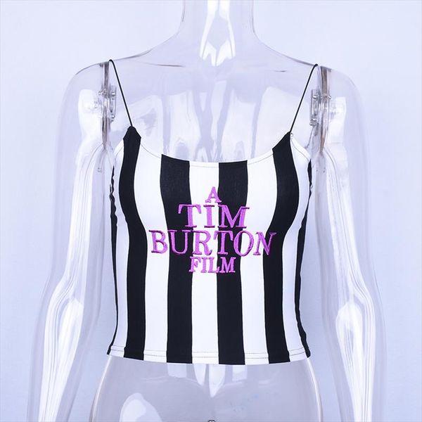 

spaghetti straps stripe letters embroidery slash neck crop summer women fashion casual camis, White