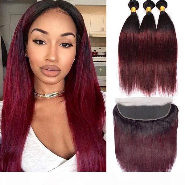 

indian raw virgin hair straight 4 pieces lot 1b 99j ombre human hair extensions with 13x4 lace frontal with baby hair 1b burgundy, Black;brown
