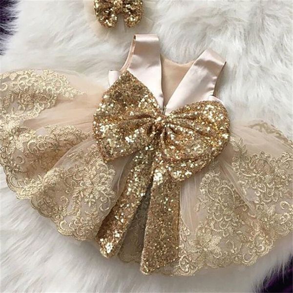 Golden Sequin Baby Christening Gowns Tulle Princess Dress Event Party Wear 1 Year Baby Girl Birthday Dresses Infant Baptism Gown LJ201221