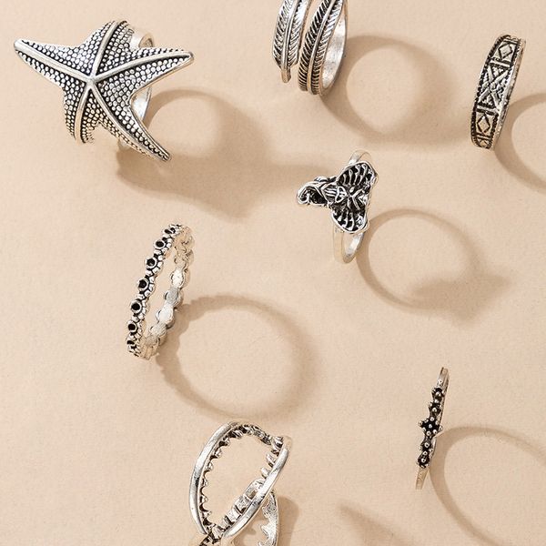 Set di anelli per nocche con stella marina elefante foglia argento antico per donna Set di anelli per dito midi impilabili Will e Sandy