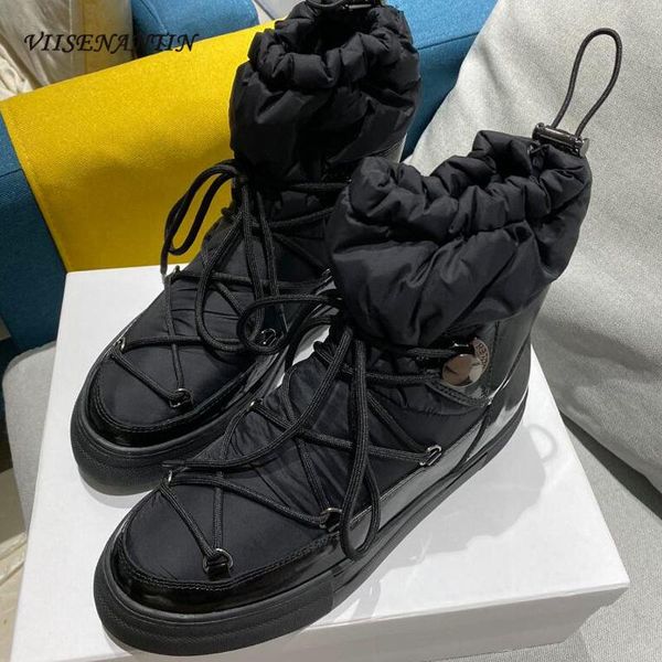 

female down feather warm bootie cross-tied lace up black white thick sole flat platform shoes slip on fashion trendy bota