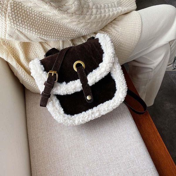 

elegant female plush saddle bag 2020 winter new quality pu leather women designer handbag contrast color shoulder messenger bags