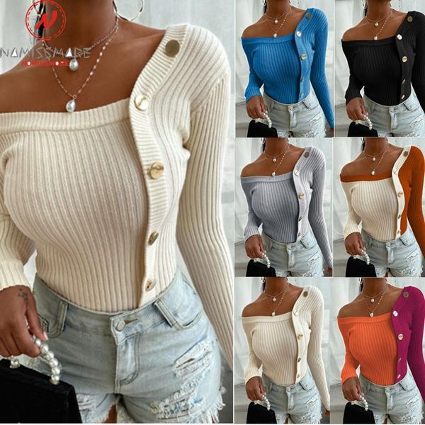 

women spring autumn t-shirts irregular design button decor long sleeve solid color slim pullovers knitted top, White