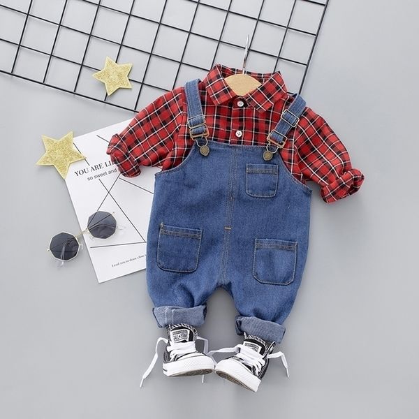 

toddler boys girl clothing sets plaid shirt + bib jeans suit for baby spring fall cotton girls infant clothing 1 2 3 4 years y200325, White