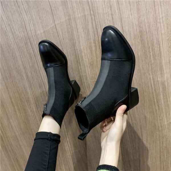 

boots рок обувь женщина пинетки дамы круглый toe низкие каблуки пинетки сапоги-женщины rubber середина теленок чулки осень 2020, Black