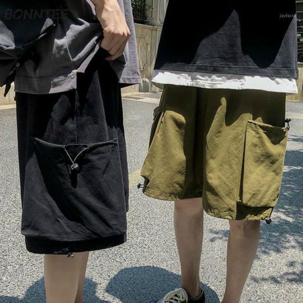 

men casual shorts solid multi-pockets summer korean fashion leisure loose cargo-shorts simple all-match teens breathable new bf1, White;black