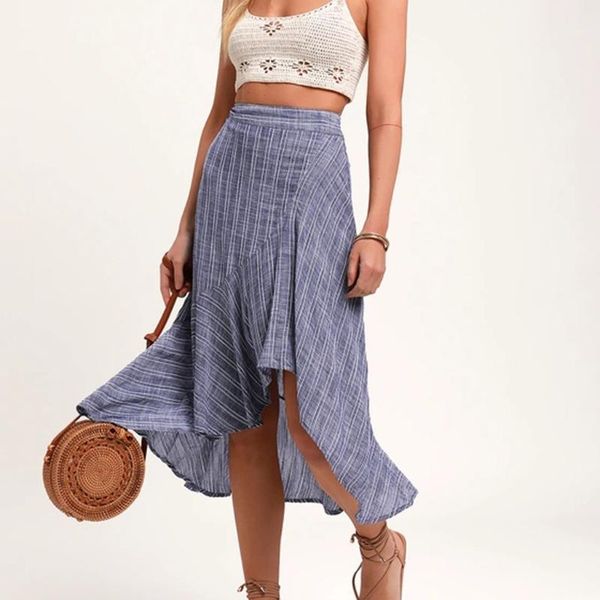 

vintage women striped high waist midi skirts casual cotton linen bohemia asymmetrical leisure beach party holiday skirts#p31, Black