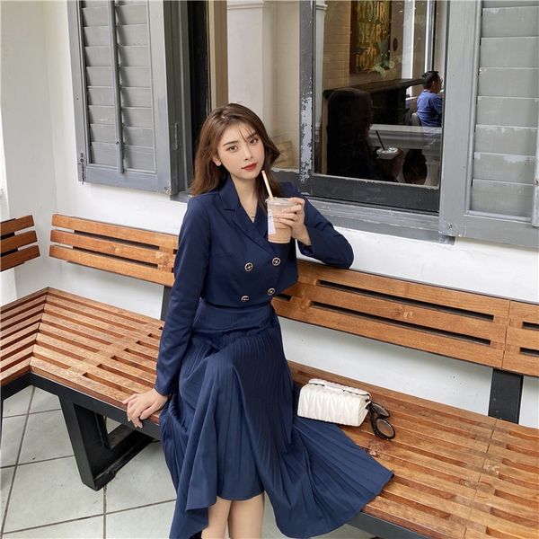

autumn 2020 new korean aline aline skirt two piece short small suit pleated a-line skirt casual suit iol6b, Gray