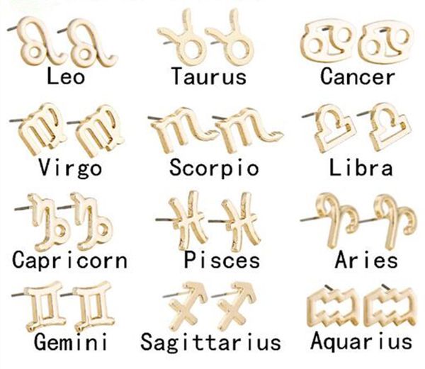 

2020 fashion 12 constellation earring classic silver gold zodiac sign stud earrings jewelry with gift card dhl free, Golden;silver