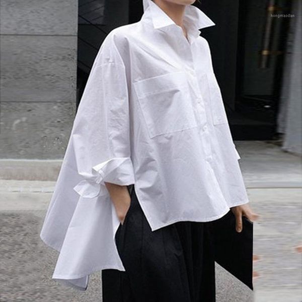 

vonda solid color party 2020 spring lapel neck shirts summer beach female asymmetrical blouse casual blusa 5xl tunics1, White