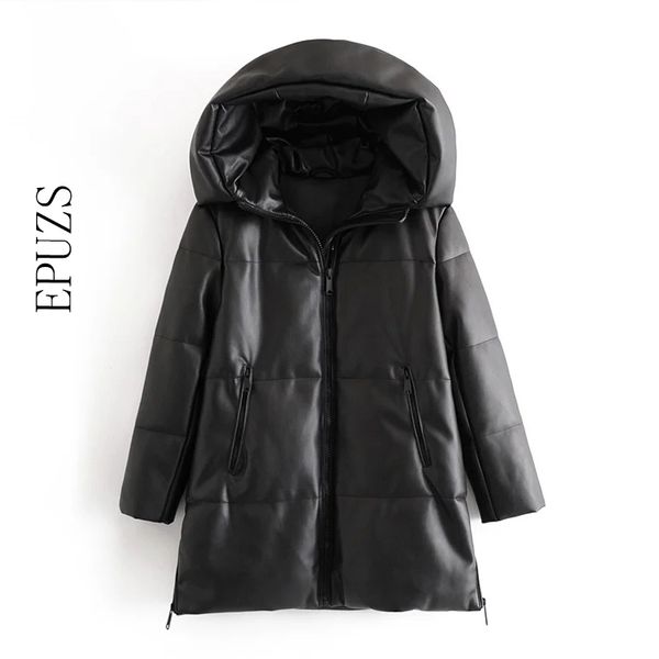 

winter hooded padded pu parka women faux leather down jacket female loose zipper overcoat casual warm long coats 201130, Black