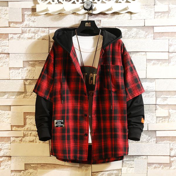 

2021 new hip hop streetwear casual plaid shirt men long sleeve with hooded a8zx, White;black