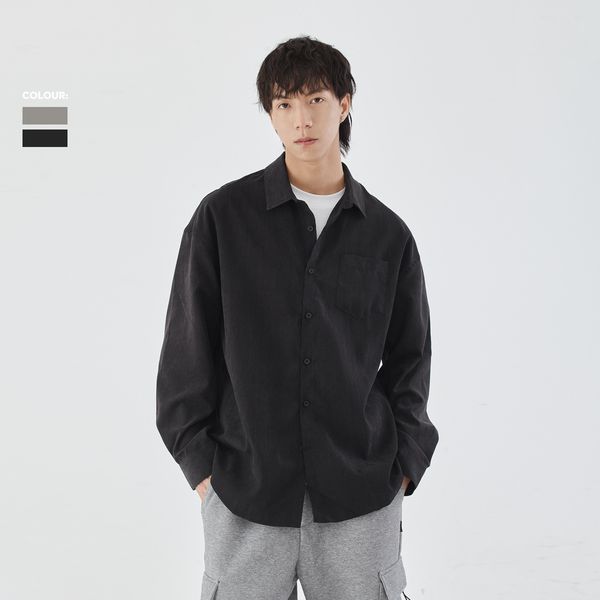 

yizhi men's classic basic pocket long sleeve shirt men's 2021 spring new solid color loose coat shirt, White;black