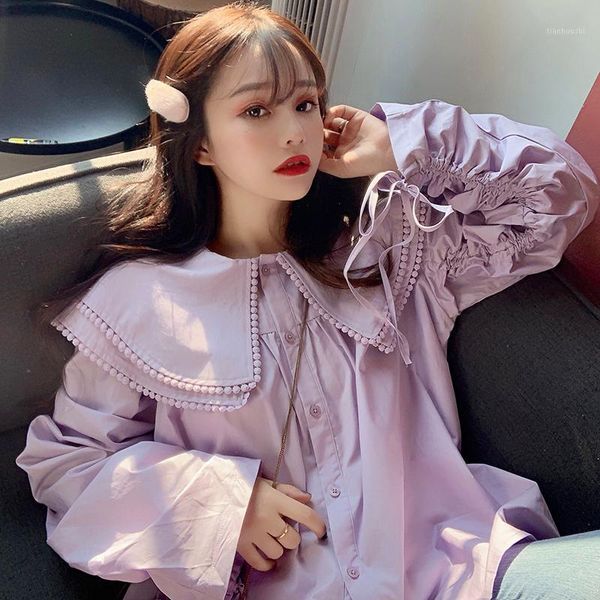 

women purple shirts girls kawaii shirts femme ruffles collar women blouses1, White