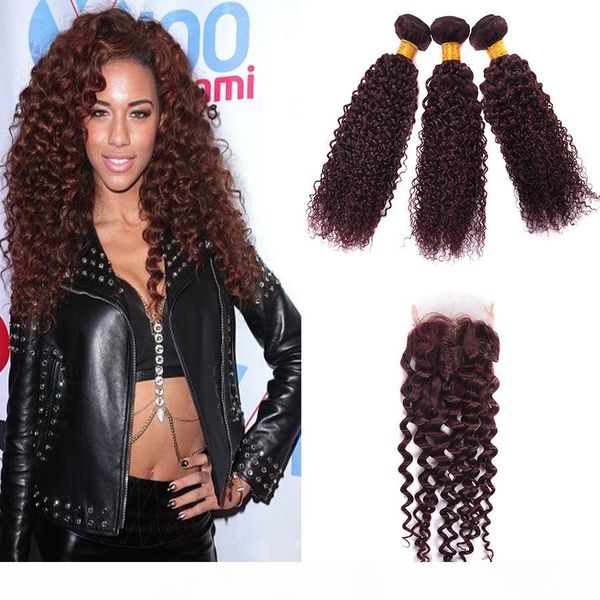 

burgundy virgin brazilian human hair weaving 3pcs curly wine red hair weave 99j kinky curl hair bundle deep wave with closure, Black;brown