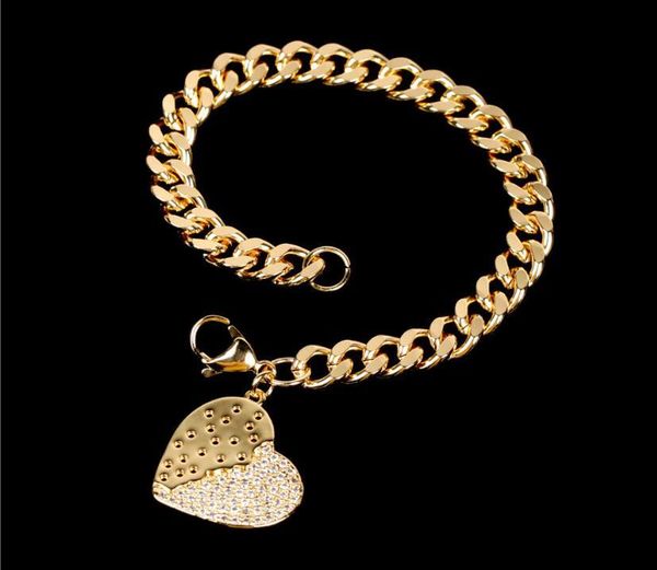 

ins new bracelet copper heart-shaped pendant hip hop cuban chain bracelet, Black