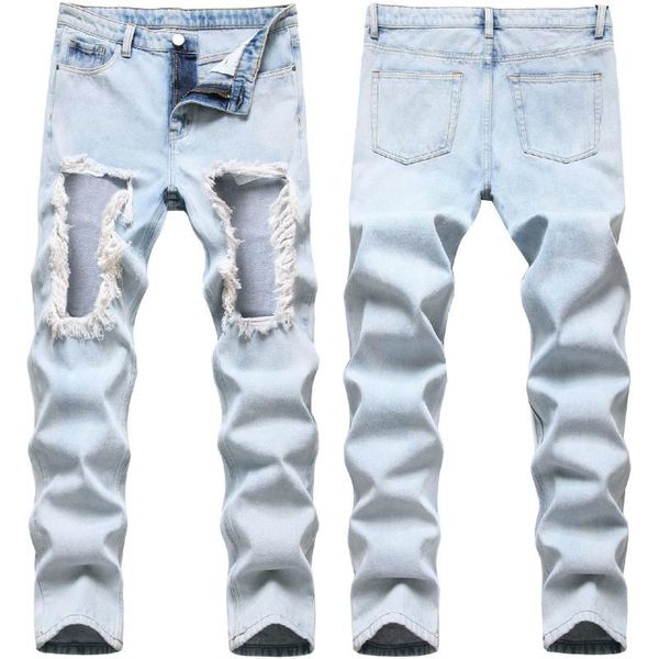 

men's jeans high street fashion skinny light blue denim big ripped streetwear stretch loose washed designer pants