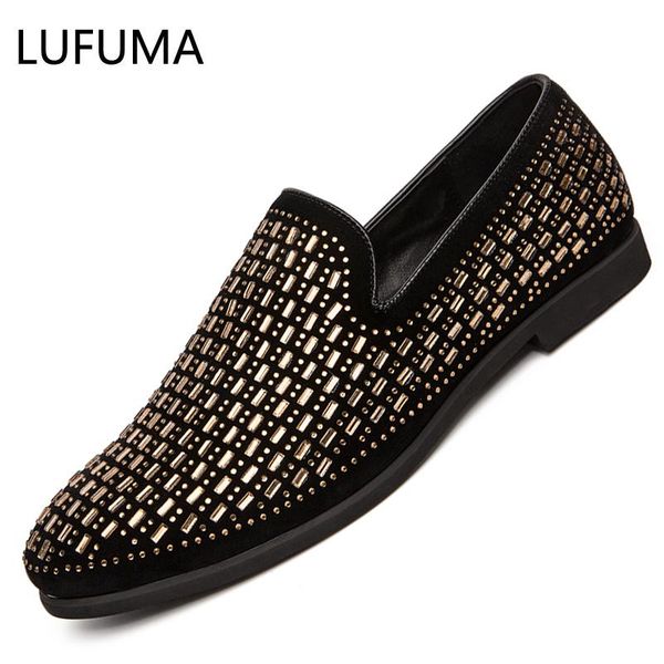 

luxury rhinestone men loafers handmade leather pointed toe wedding shoes fashion casual men's dress shoes party zapatos hombre, Black