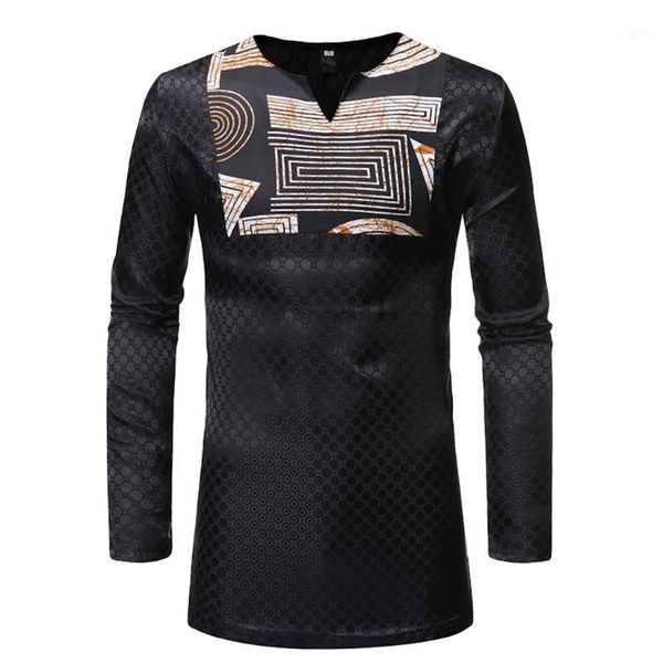 

2019 camisa masculina camisas hombre men vintage african print printed long sleeve v-neck blouse men shirt shirts1, White;black