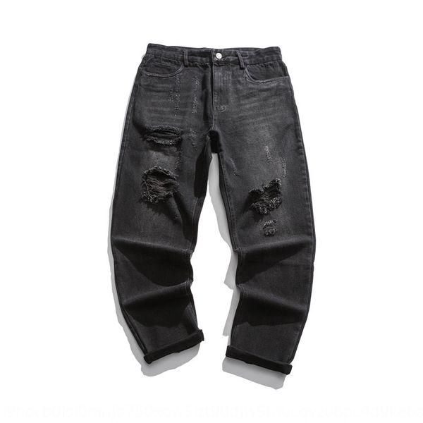 

clothes road ancient autumn new style washed worn hole straight casual pants men's fashion br loose and versatile casual pants and jean, Blue