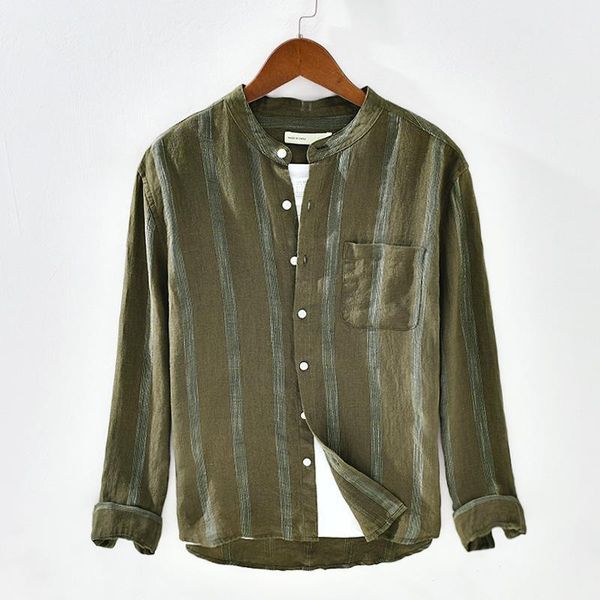 

2020 men's long sleeve shirts 100%linen summer casual armygreen striped shirts man stand collar thin blouse y24891, White;black