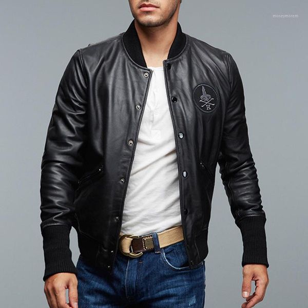 

men's leather & faux genuine 2021 fashion aviation bomber men casual black real jacket sheepskin motorcycle streetwear1