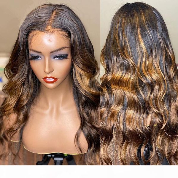 

ombre blonde highlight lace front wig body wave highlight full lace human hair wigs pre plucked bleached knots for women, Black;brown